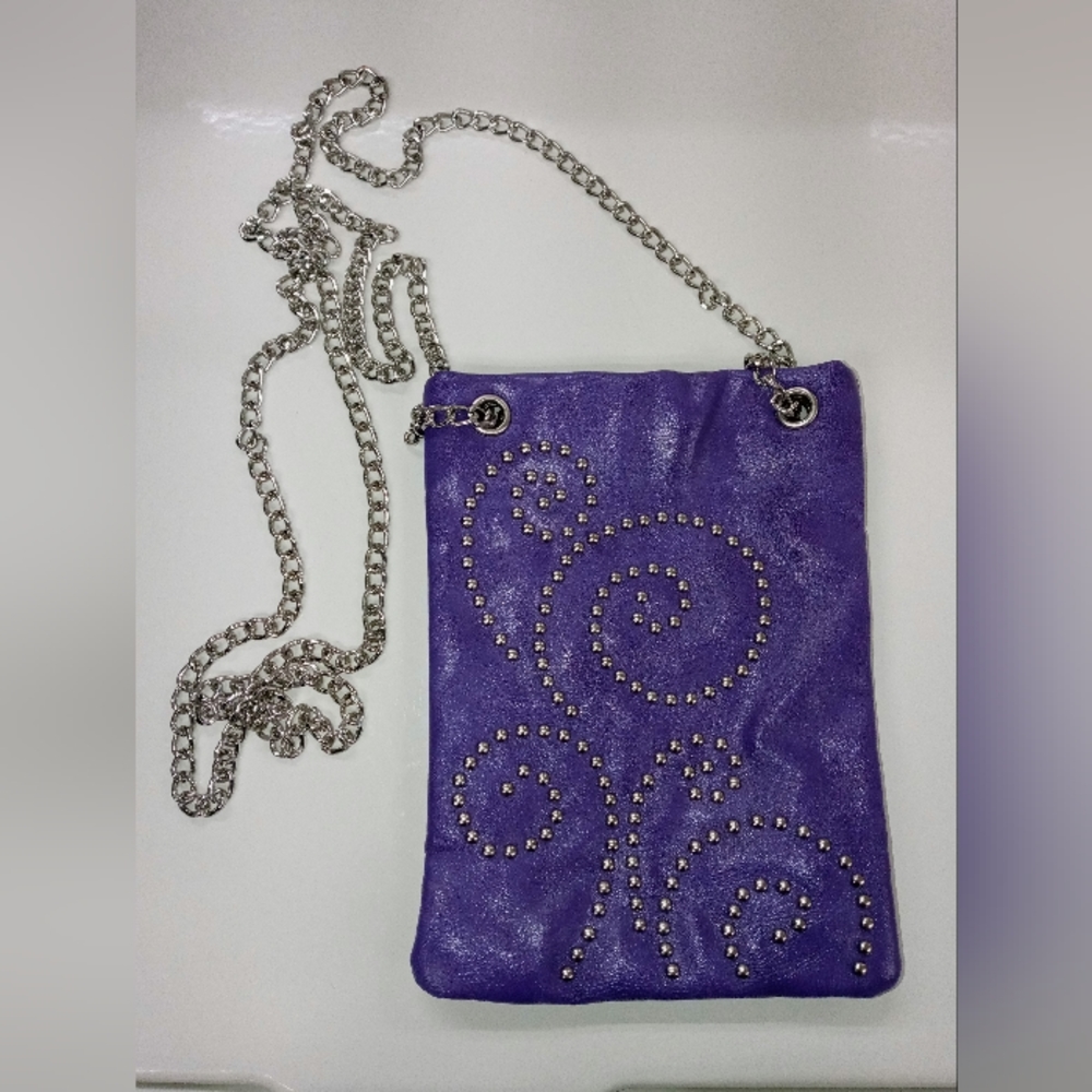 Small purple colored purse with studs & chain strap
